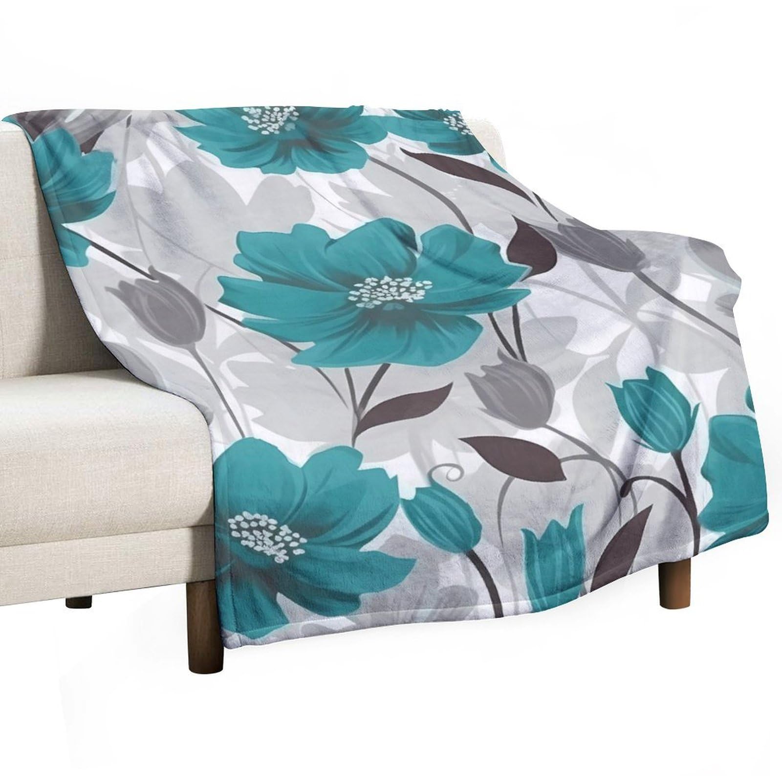 Couverture en polaire chaude motif floral gris sarcelle pour cocooning salon et lit 127x177 cm