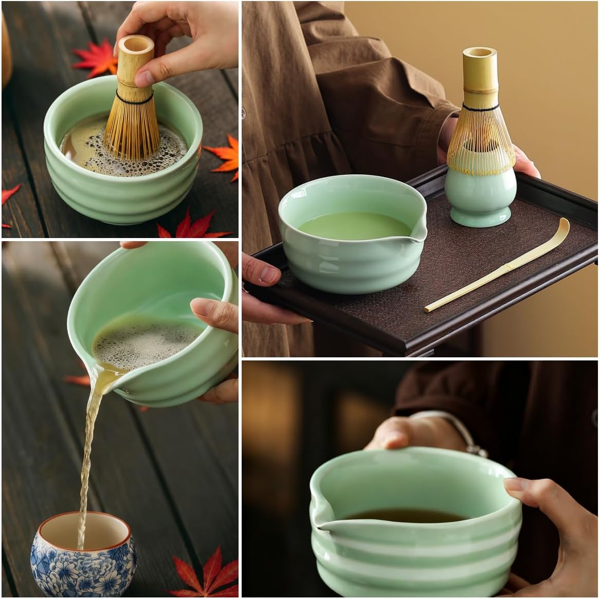 ZaH Matcha Whisk Set - Kit of 5pcs - Matcha Whisk and Bowl, Ceramics Whisk Holder, Bamboo Tea Scoop, Sifter (Ombre Green)
