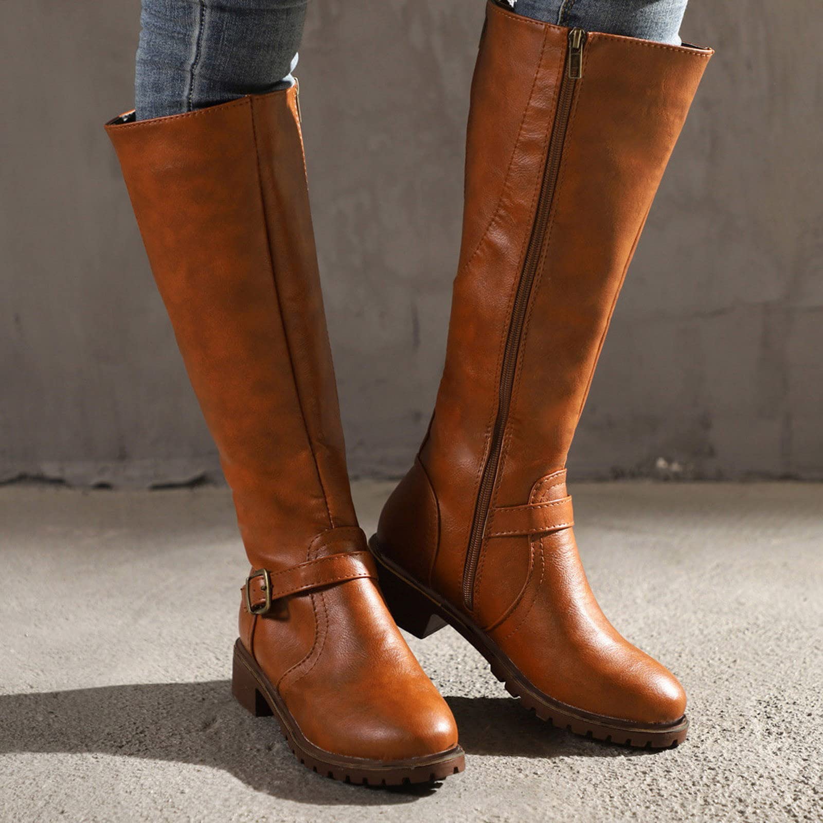 Botas de Invierno Mujer Mujeres de Cremallera Cuero Mantener Zapatos Heel Round Boots Dedo del pie Caliente Boots Botas Mujeres