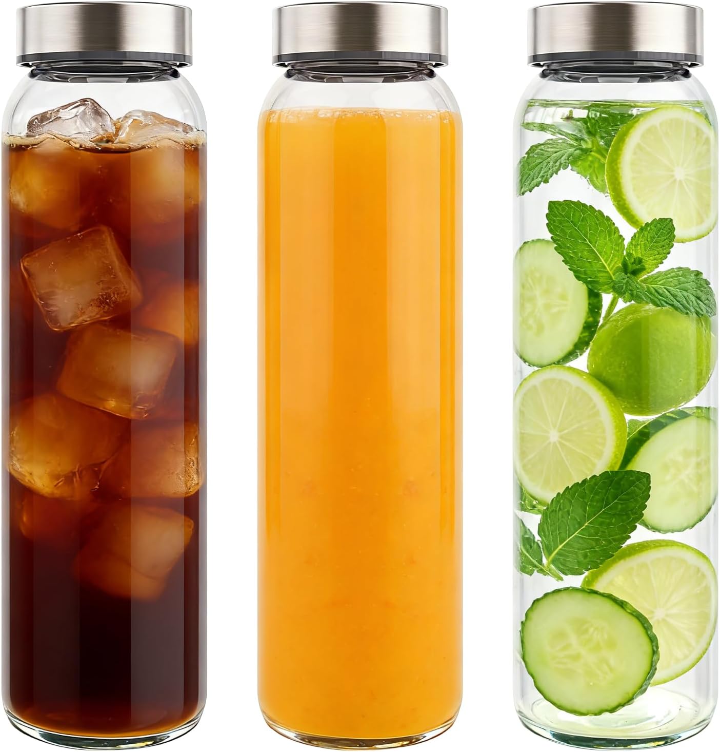 32 oz Wide Mouth Glass Juice Bottles with Stainless Steel Lids, Leakproof, Airtight, Reusable, Dishwasher Safe, Refrigerator Safe, Brush Included, for Juicing, Smoothies, Infused Water, 3 Pack