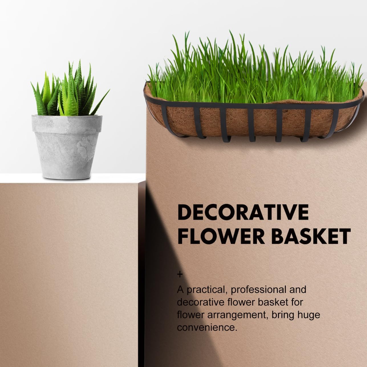 TIDTALEO Coconut Palm Hanging Flower Basket Wall-Mounted Iron Flowerpot 24-inch Semi-Circle Planter for Balcony and Outdoor Garden Sundries Container