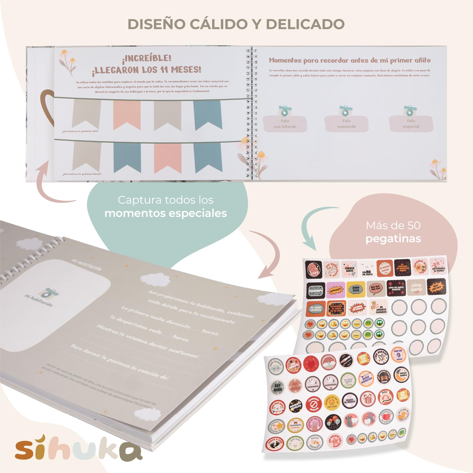 Libro Recuerdo Bebé- Álbum Foto Bebé- Diario Primer Año – Regalo para Recién Nacido – Álbum Recuerdos con Tapa Dura, Funda y Pegatinas – Niño/Niña – 60 Páginas