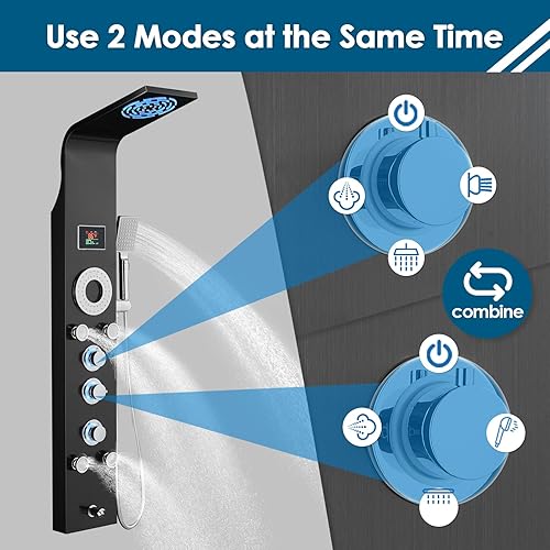 Miniatura 23 de ROVOGO Sistema de torre de panel de ducha, diseño unibody, ducha de niebla de lluvia, chorros corporales, boquilla de mano y bañera, no necesita