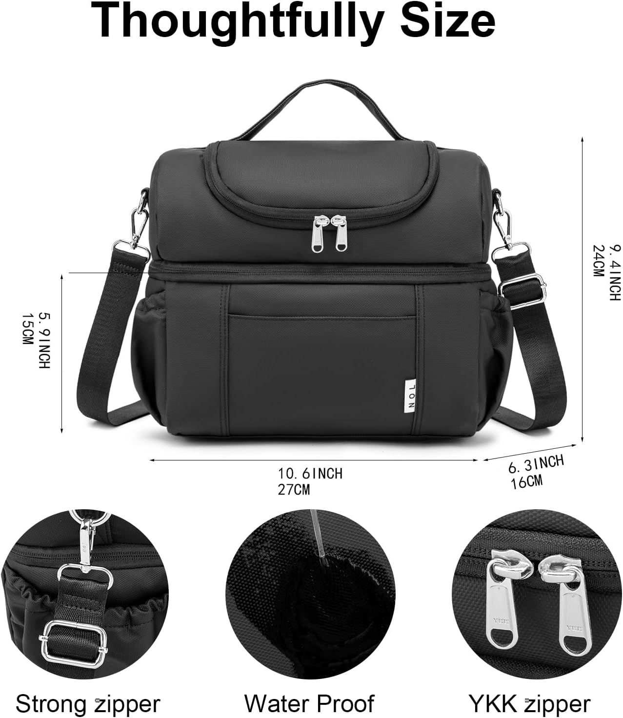 NOL Natural Organic Lifestyle Adult Lunch Box Insulated Lunch Bag Large Dual Compartment Lunch Bag Coolers Lightweight Nylon Waterproof Lunch Box for Work, Picnic, Travel, Outdoors, Black - Image 2