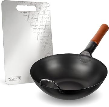 YOSUKATA 11.8" Carbon Steel Wok Pan + Premium Stainless Steel Cutting Board 14.6x10 Inch