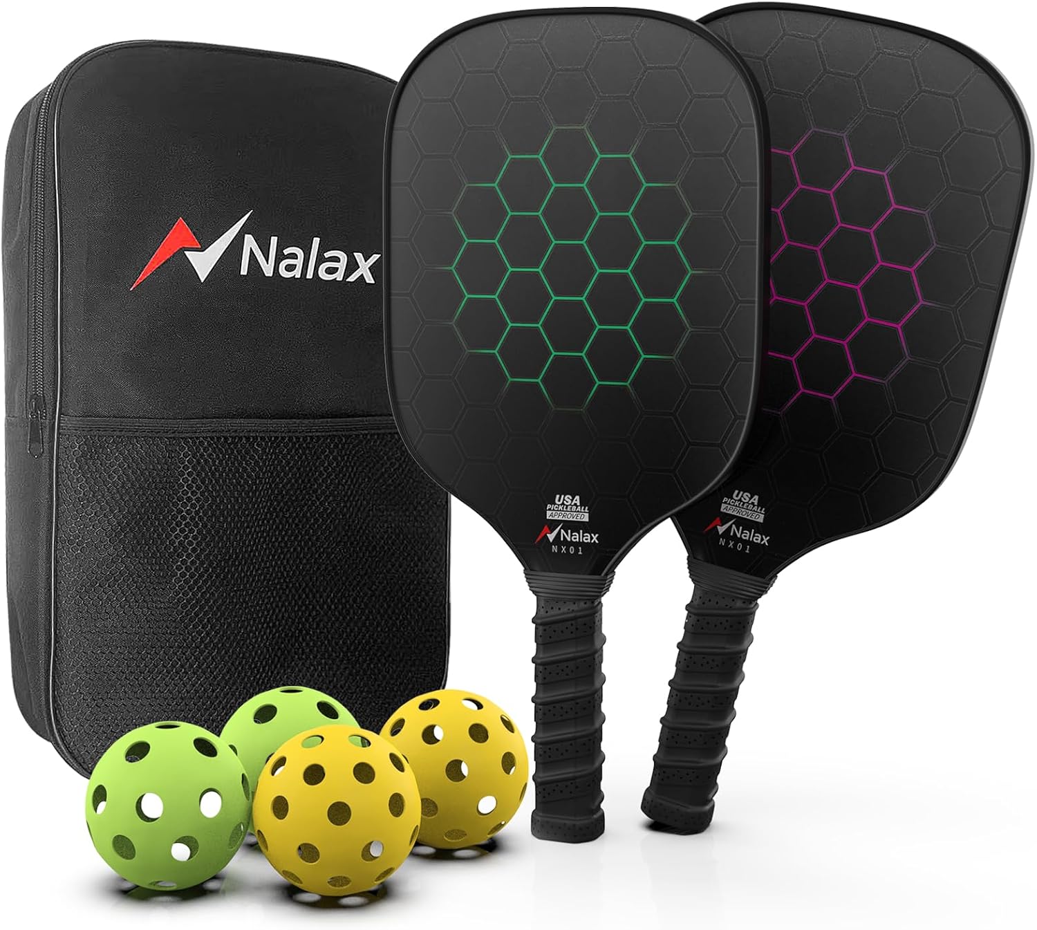 Pickleball Paddles, Nalax Fiberglass Pickleball Paddles Set of 2, USAPA Approved Graphite 16mm Power Polymer Core Pickle Ball Paddle with 4 Pickleball Balls and 1 Bag for Men Women