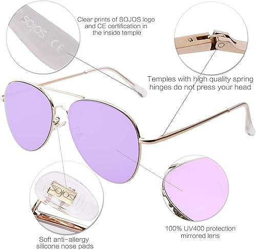 Miniatura 4 de SOJOS SJ1030 - Lentes de sol clásicos de aviador para hombre y mujer lentes UV400 marco de metal vintage