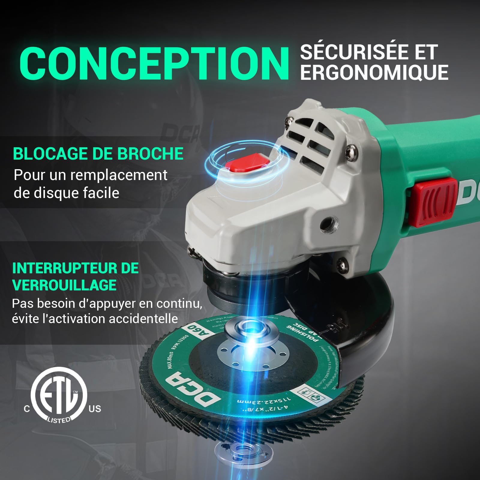 DCA Meuleuse d'Angle 860W 125 mm, 11.800 tr/min, Corps Ultra-Mince (Circonférence 178 mm), Carter d'engrenage Compact, 1,6 kg Légère pour Meulage et Tronçonnage