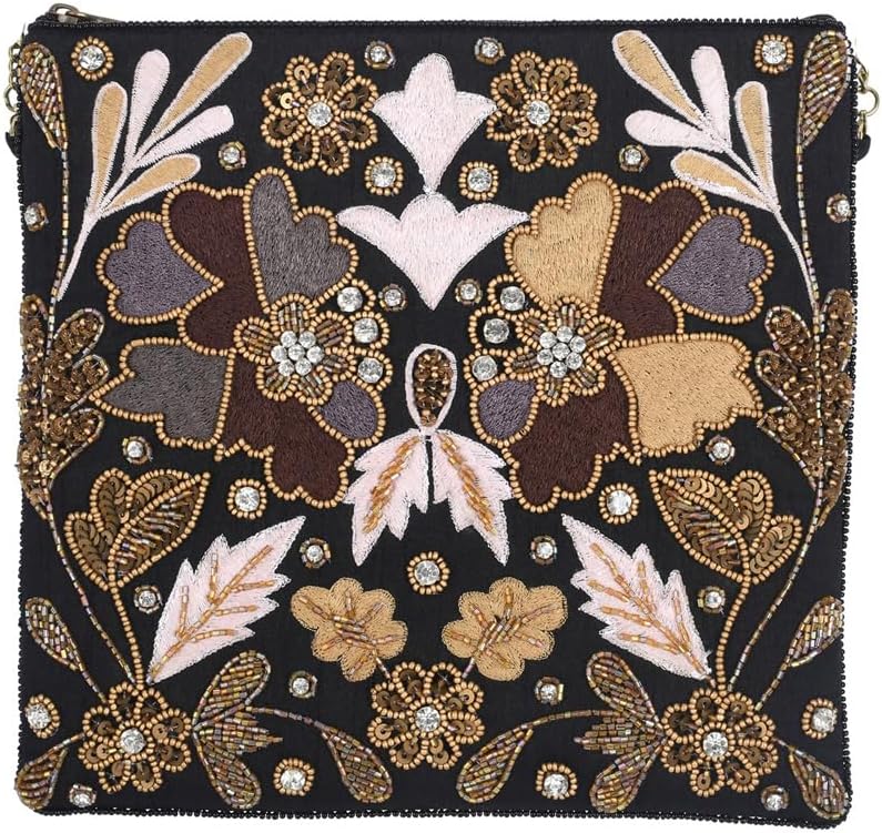Florence Happy Hour Beaded Floral Square Crossbody Clutch Bag, Black Multicolor, Unique Statement Handbag for Women