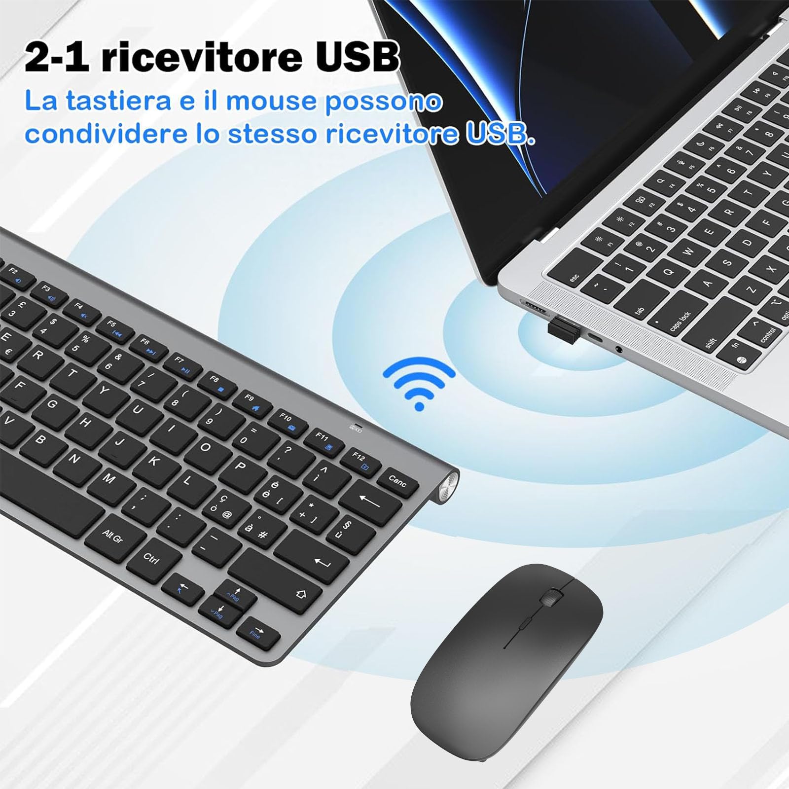 Tastiera e mouse Wireless, PINKCAT 2.4G Set di tastiera ultrasottile e mouse ergonomico silenzioso con 12 tasti di scelta rapida multimediali per computer, PC, laptop, desktop (grigio)