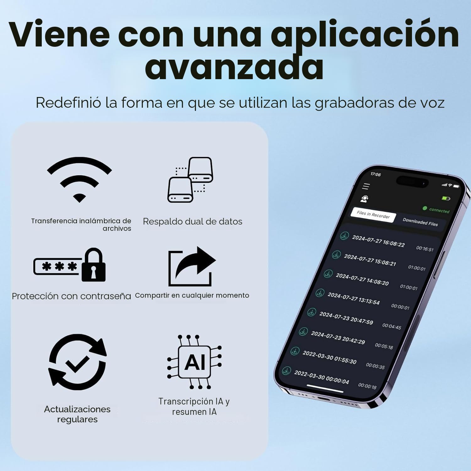 Grabadora de Voz IA, Grabadora Mini Magnética de 64GB con ChatGPT 4o para Transcripción y Resumen en 102 Idiomas, Grabación con Un Toque, Grabadora de Voz para Conferencias/Llamadas (Negro)
