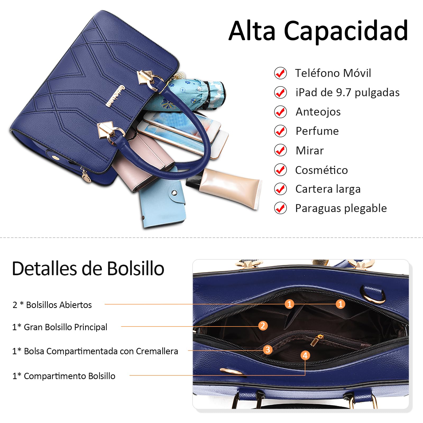 Moda Bolsa de Mujer Elegante Bolso de Mano Colgante de Flores Señoras Bolso Bandolerade Bolso de Hombro Cuero PU Shopper Bolsos Tote para Viajar Trabajo Negocio Citas Azul