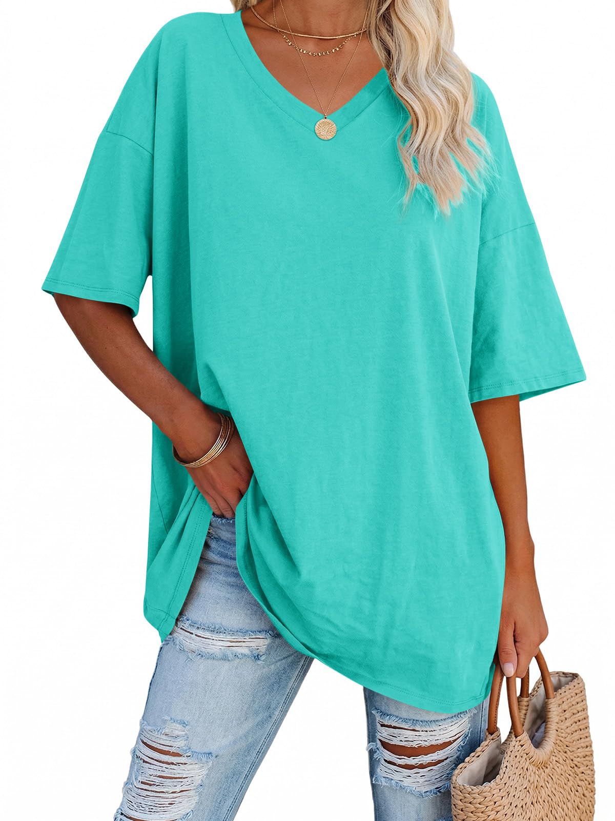 Ebifin Damen Oversize T Shirt mit V-Ausschnitt Kurzärmeliges Casual Lockere Basic Sommer Tee Shirts Bluse.