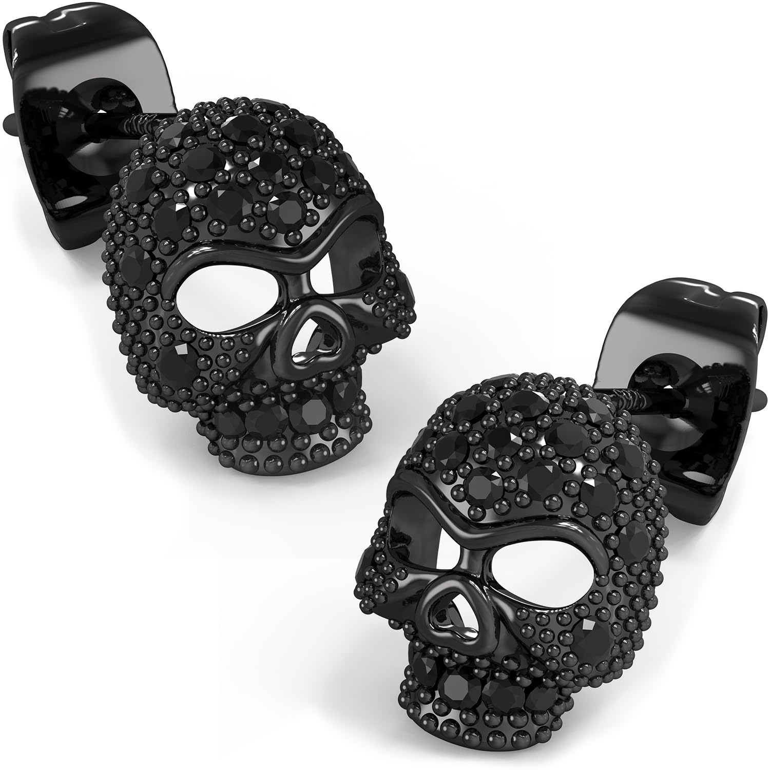 KZZENKI Exquisite Skull Earrings, Sterling Silver Post Cubic Zirconia Stud Earrings for Women men, Hypoallergenic Goth Jewelry, Gold, Black Stones