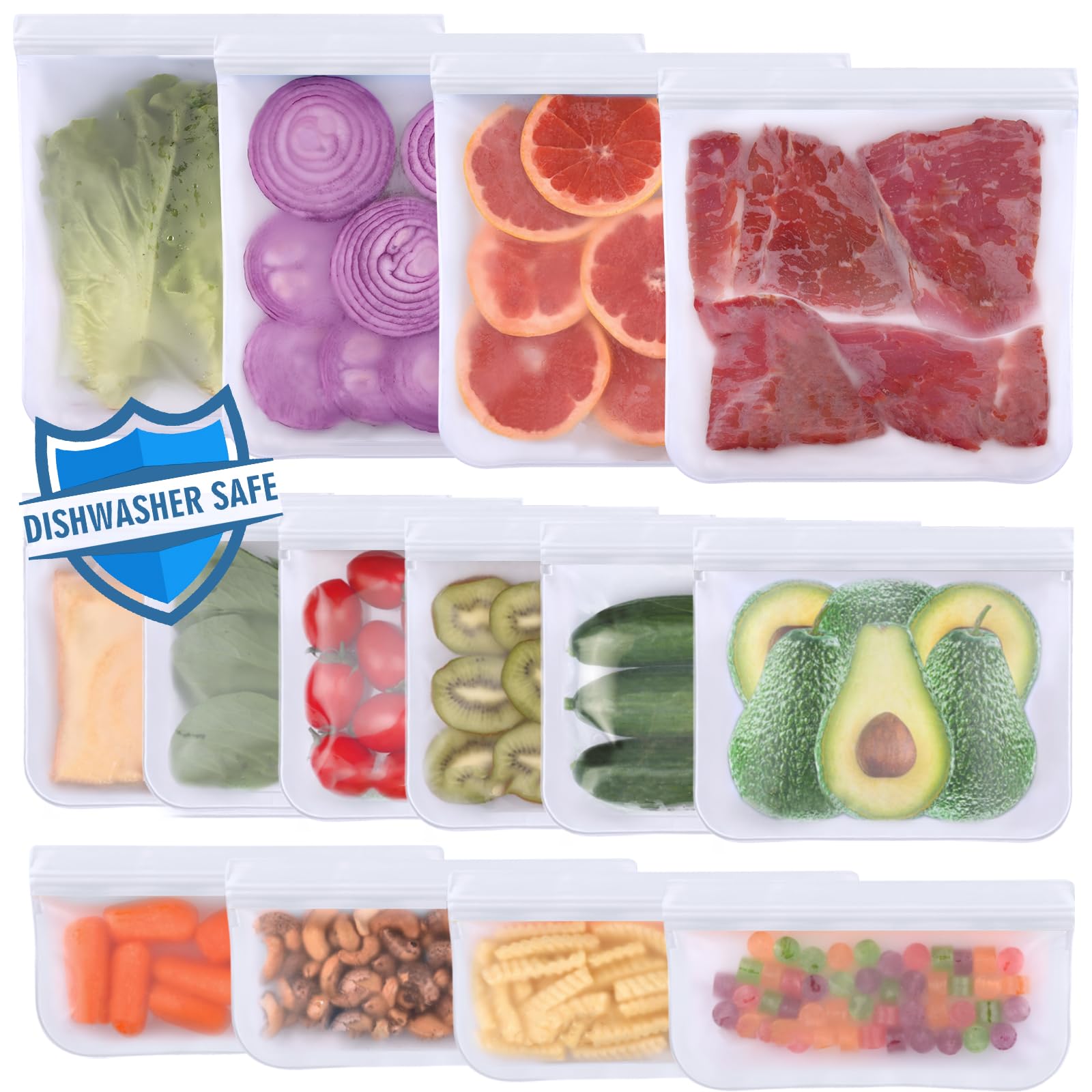 Lerine Dishwasher Safe Reusable Bags, Leakproof Reusable Freezer Bags, BPA Free Food Storage Bags for Lunch Marinate Food Travel (White, 14 Pack-4 Gallon 6 Sandwich 4 Snack)