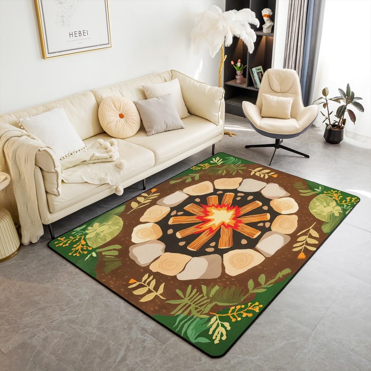 Feelyou Campfire Play Area Rug 3x5 Tree Stump Living Room Rugs for Boys Girls Teens Decor Cartoon Stones Decorative Carpet Woodland Tree Themed Indoor Floor Mat Non-Slip