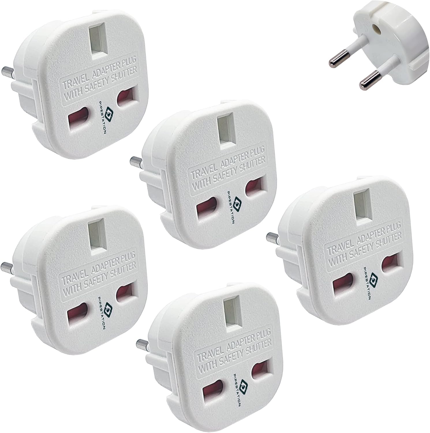 Pipestation UK to European Plug Adapter 5 Pack Travel Plugs UK to