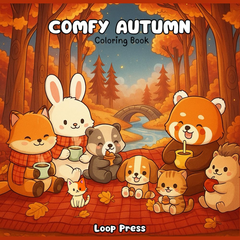 Comfy Autumn Coloring Book: Featuring Adorable Animals Characters in Autumn Hygge Scenes for Stress Relief and Relaxation