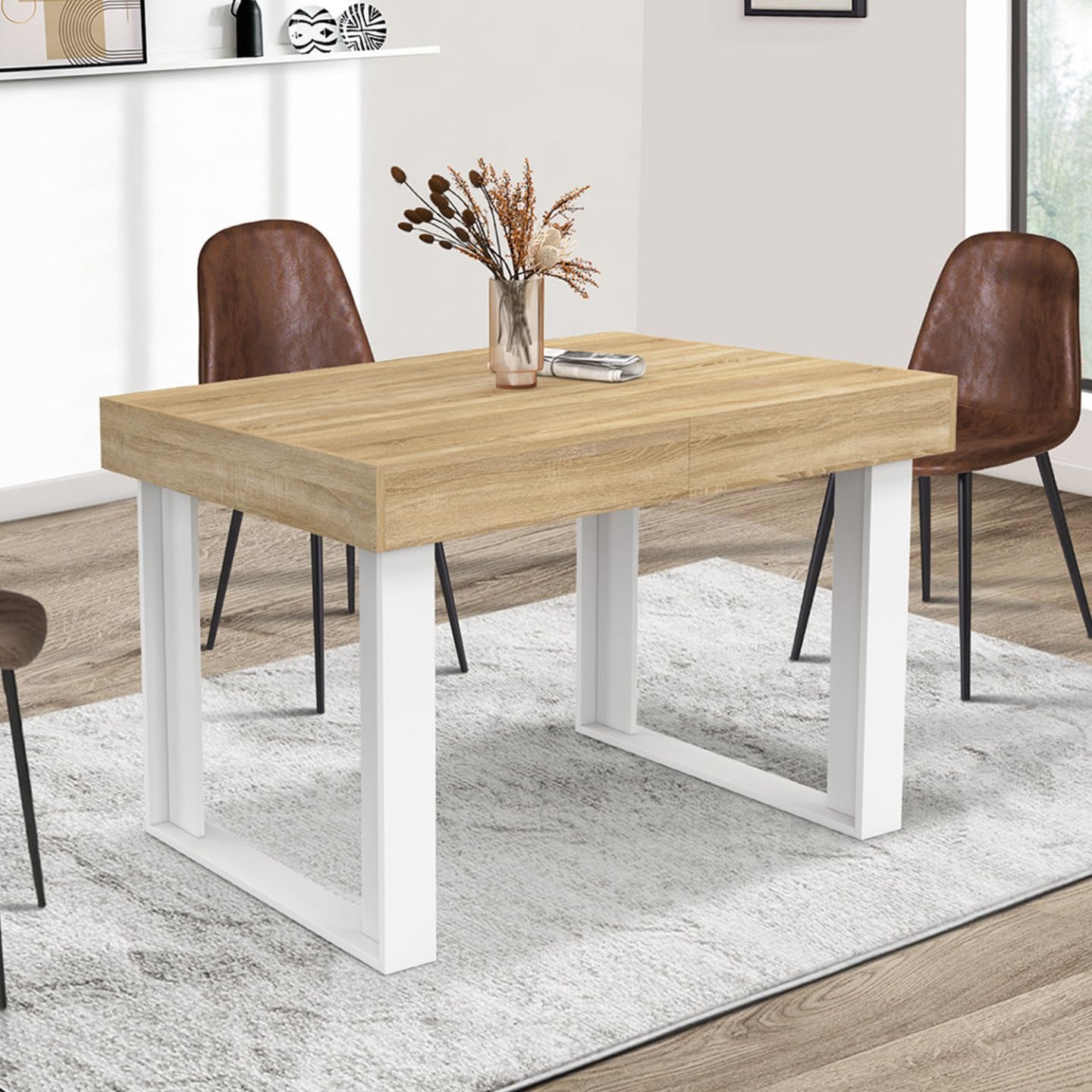 IDMarket Phoenix - Mesa de comedor extensible rectangular (4 – 6 personas, madera y blanco, 120 – 160 cm)