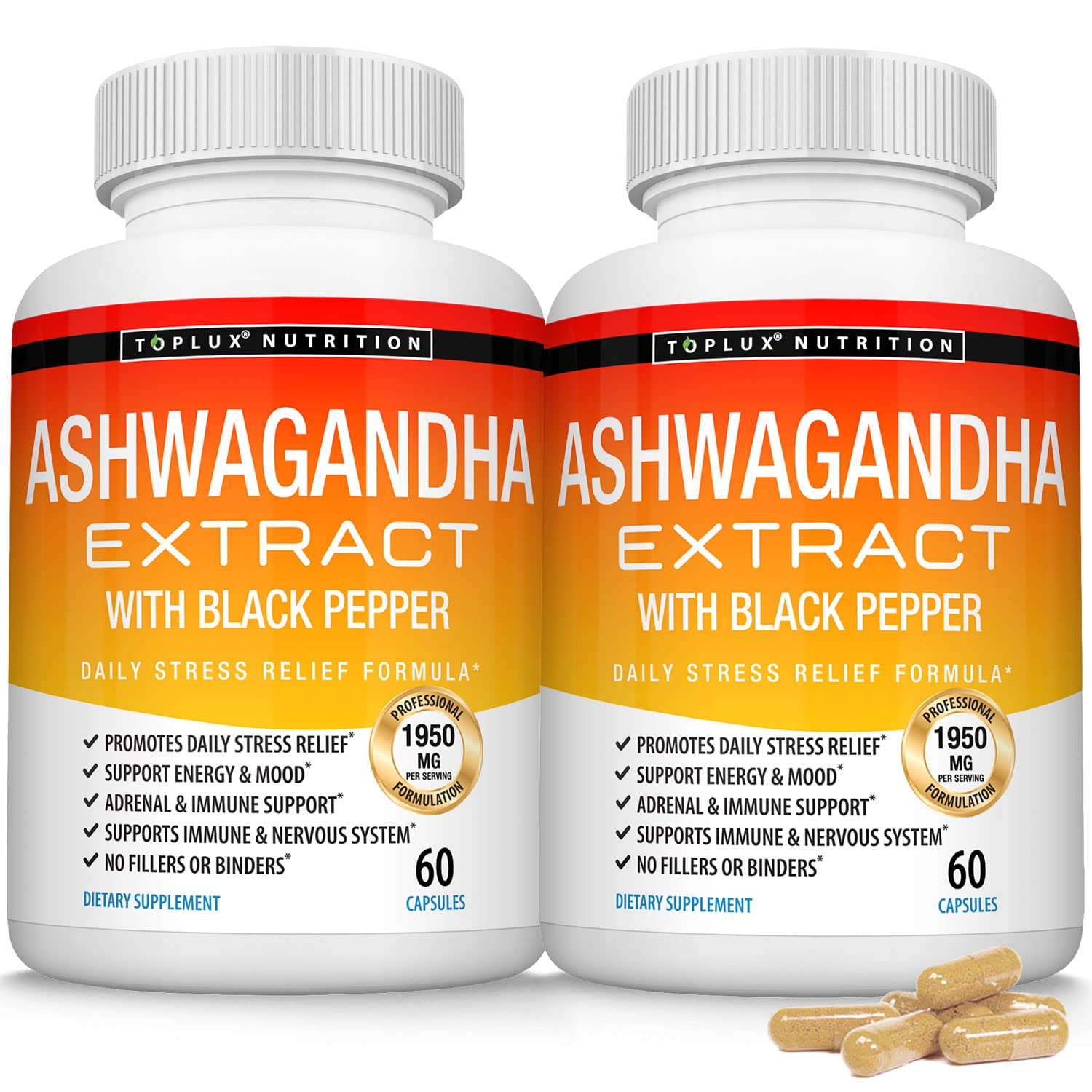 Organic Ashwagandha Root Powder Pills with Black Pepper Extract - 1950 Mg Pure Natural Ashwagandha Supplement, Support Mood & Energy, Stress Response, Adrenal Support, for Men Women, 60 Capsules