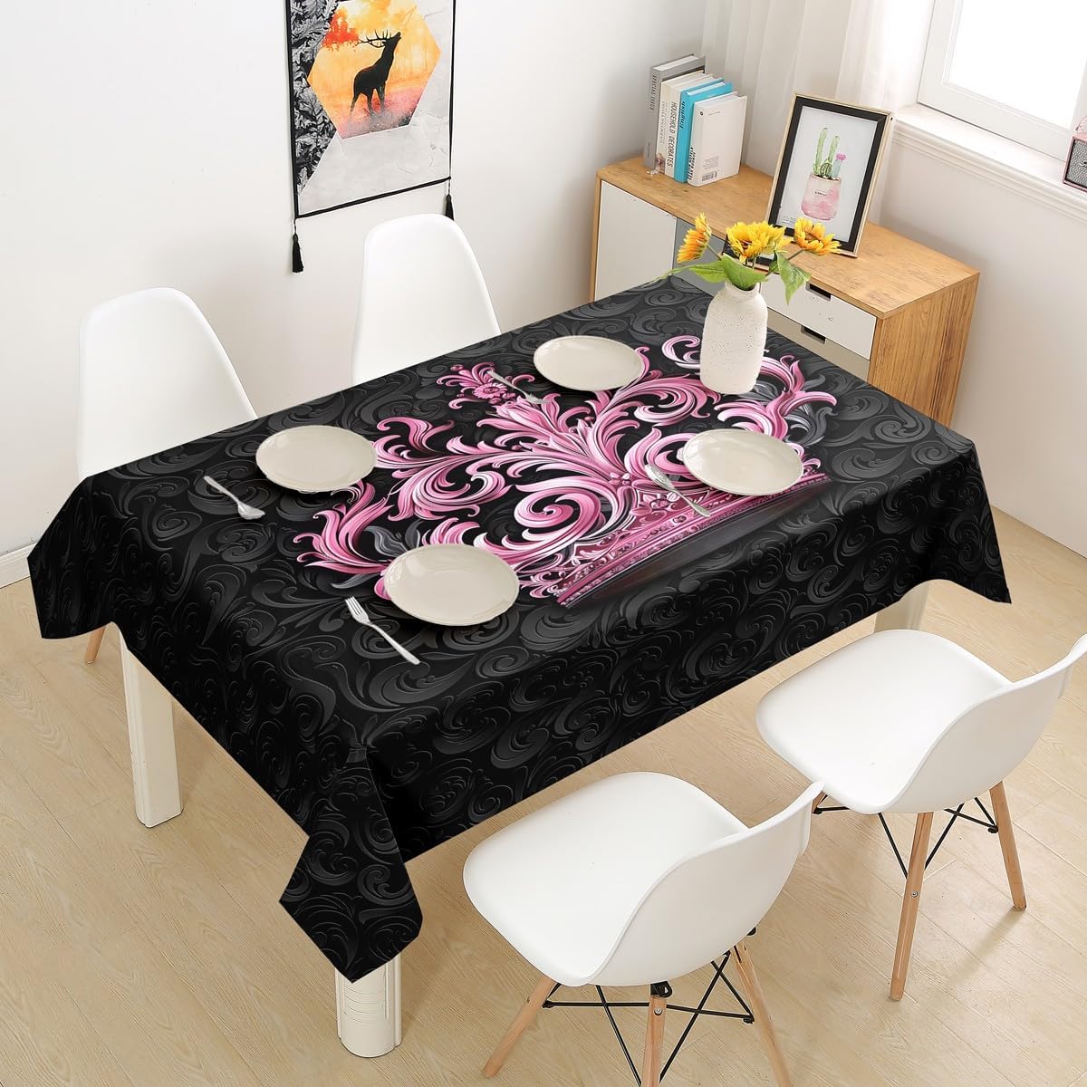 Pink Princess Crown Tablecloths,Abstract Damask Floral Print Table Cloth for Kids Girls Women Teens Kitchen Decor,European Baroque Style Table Accessories Luxury Black Table Cover,55"x94"