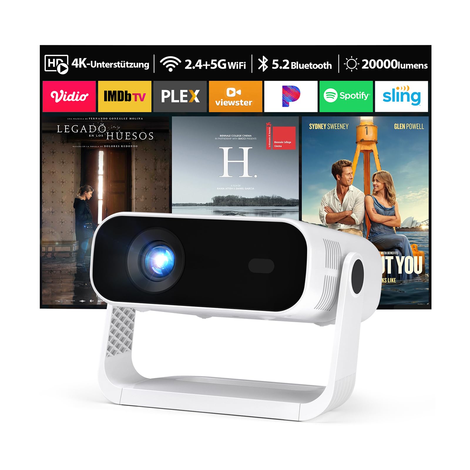 2026 Neuer Smart Mini Beamer Integrierte APP, Android 14, Unterstützt 1080P und 4K-Dekodierung, 20000 Lumens, Automatische Trapezkorrektur, WiFi6 & BT5.2 ，Beamer 4K Heimkino für Handy/HDMI/PC