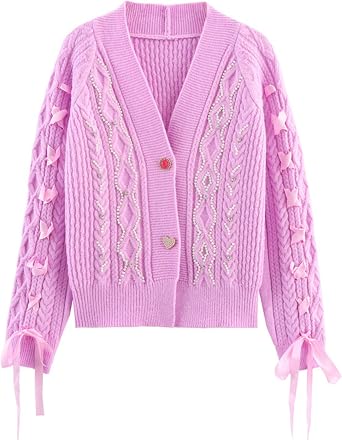 Xunger Womens Cute Bow Tie Front Knit Cardigan Beaded Cozy Long Sleeve Sweater V-Neck Outerwear with Heart Button