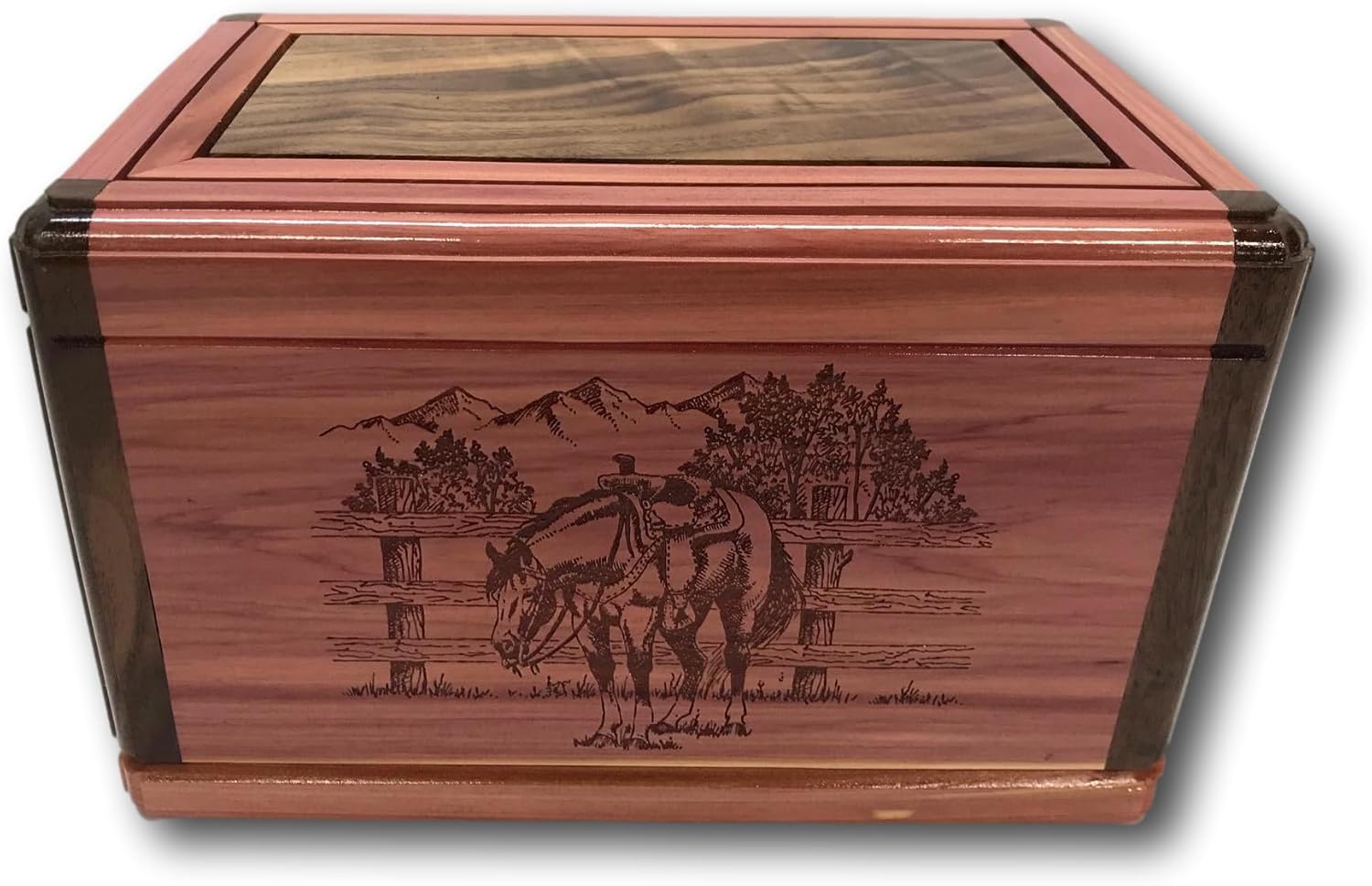 Adult Cremation Urn - Handcrafted Riderless Horse Red Cedar & Walnut Wood Memorial Box