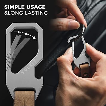 VULKIT Titanium Key Keeper Genuine Leather Belt Loop Keychain, Bottle Opener Keychain, EDC Carabiner Key Holder