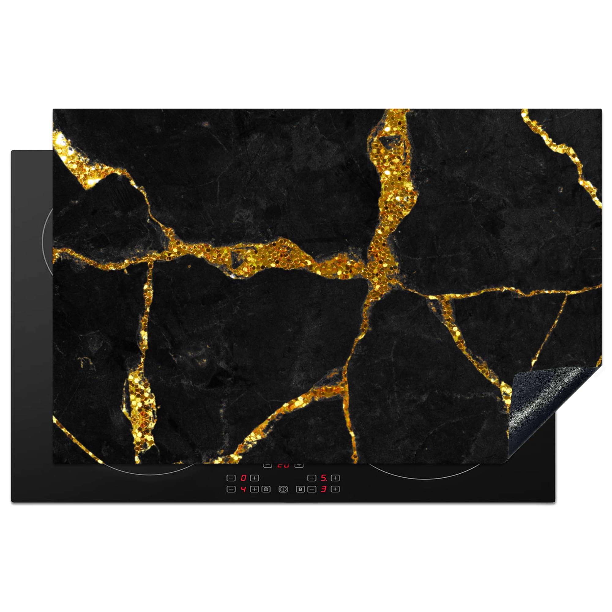 KitchenYeah© Inductie Beschermer 80x52 cm Keuken Decoratie Kookplaat Beschermer voor Inductiekookplaat Afdekplaat Anti Slip Mat - Marmer - Zwart - Goud - Luxe - Marmerlook