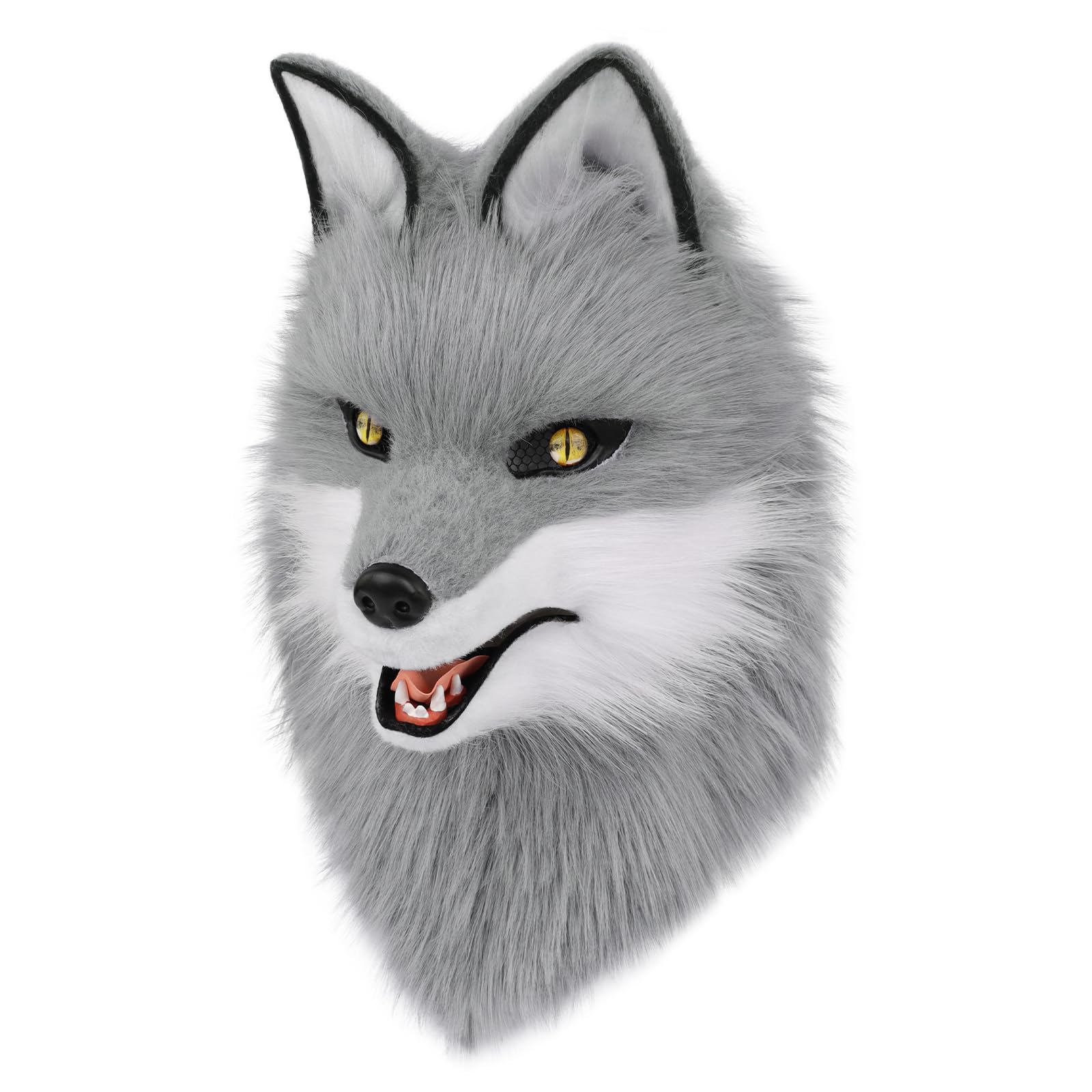 PPFINE Animal Faux Fur Wolf Dog Furry Full Head Mask Cosplay Costume Accessories for Halloween Party, Graywhite