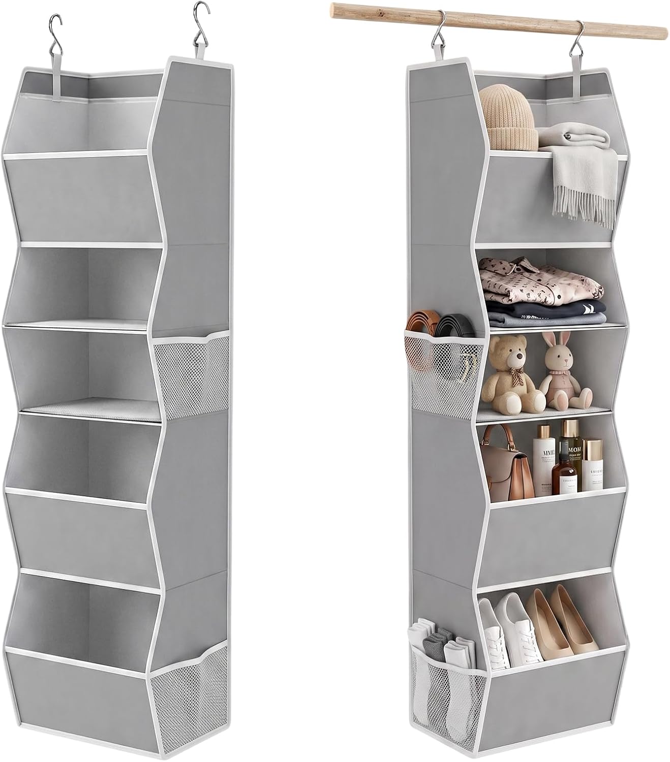 sutinban Hanging Closet Organizer 5 Shelf with 4 Side Mesh Pockets, Foldable Closet Organizers and Storage Hanging for Wardrobe, Closet Rod & RV Camping, Front Anti-Slip Support, Grey