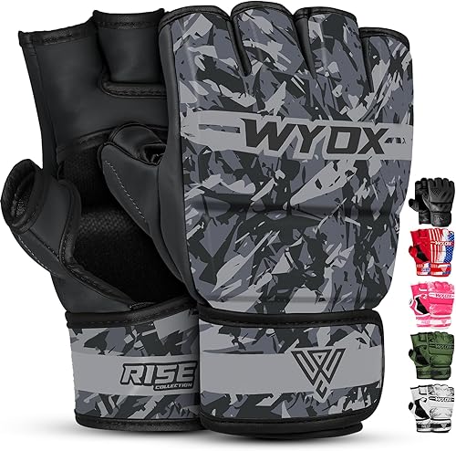 Miniatura 11 de WYOX Guantes MMA para hombres y mujeres – Guantes de boxeo de agarre y combate con diseño de palma abierta, guantes de entrenamiento acolchados sin