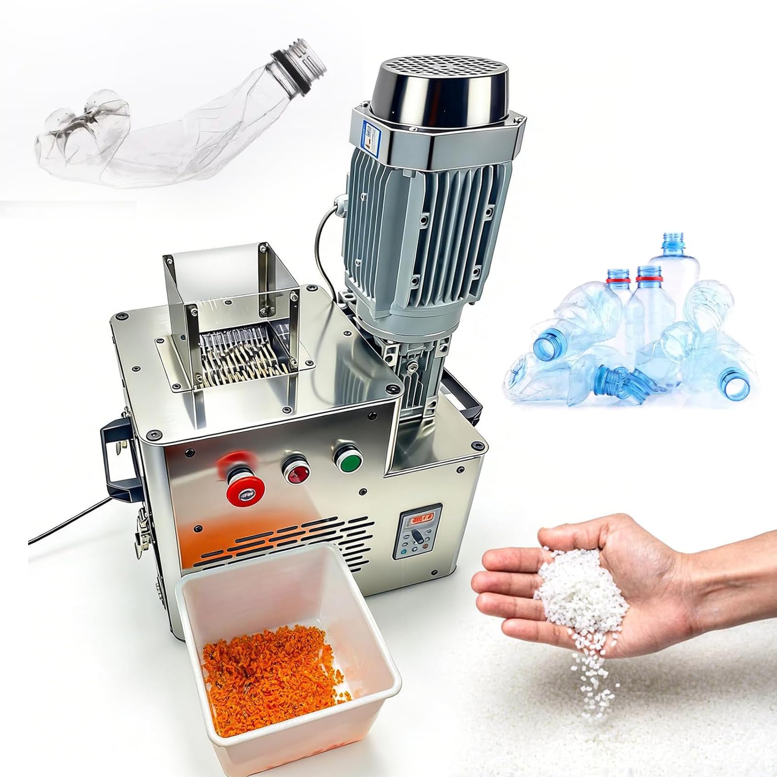 Kunststoff-Aktenvernichter, 1,5 kW elektrische Schleifmaschine zum Recycling, unterstützt Druckreste, 10–20 kg/h Kapazität, produziert ~ 5 mm Pellets für Extrusion und Formen