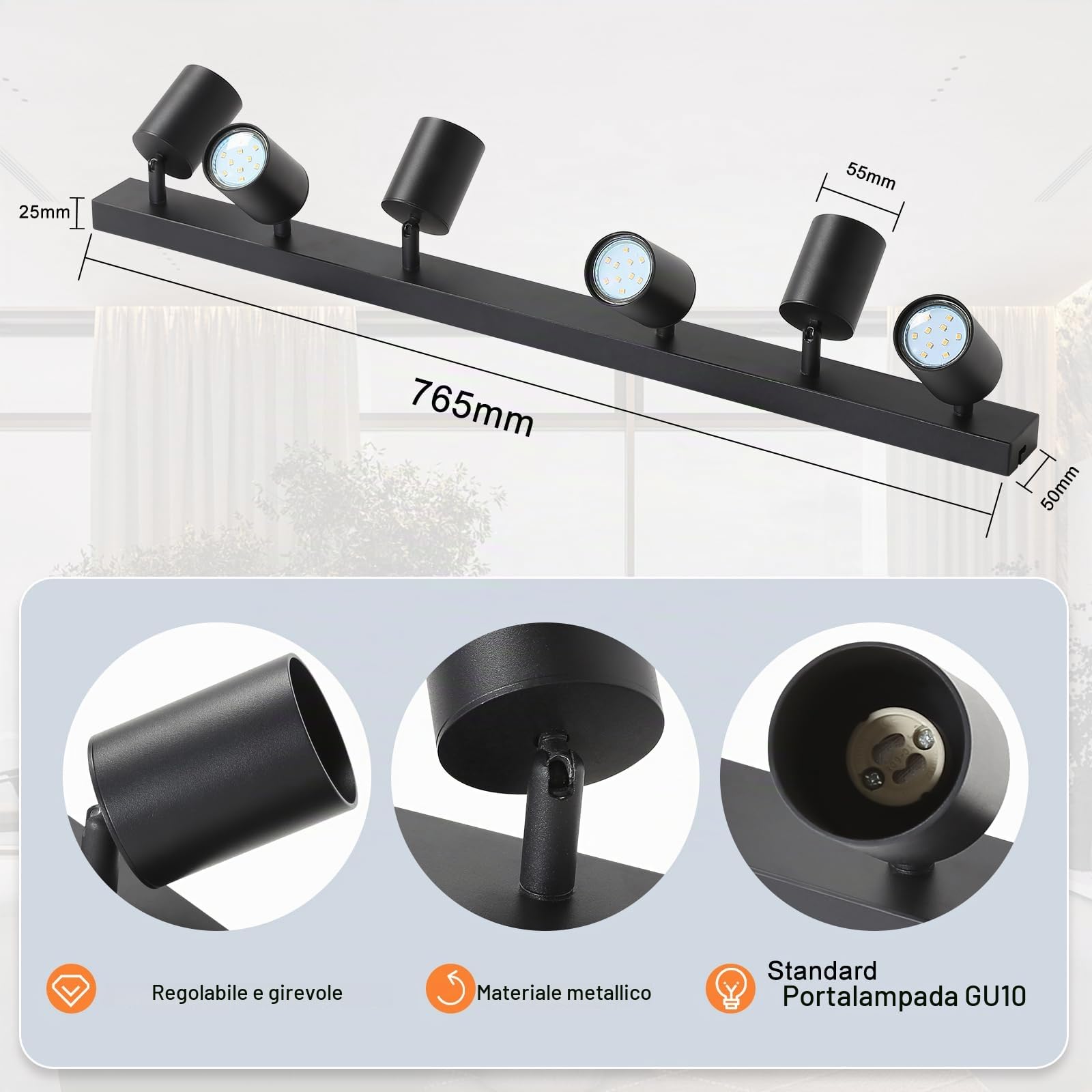 Homefire Faretto LED da soffitto nero - 6 lampadine GU10 plafoniera Faretti | orientabili a 350° faretto da soffitto per interni soggiorno cucina camera da letto senza lampadina