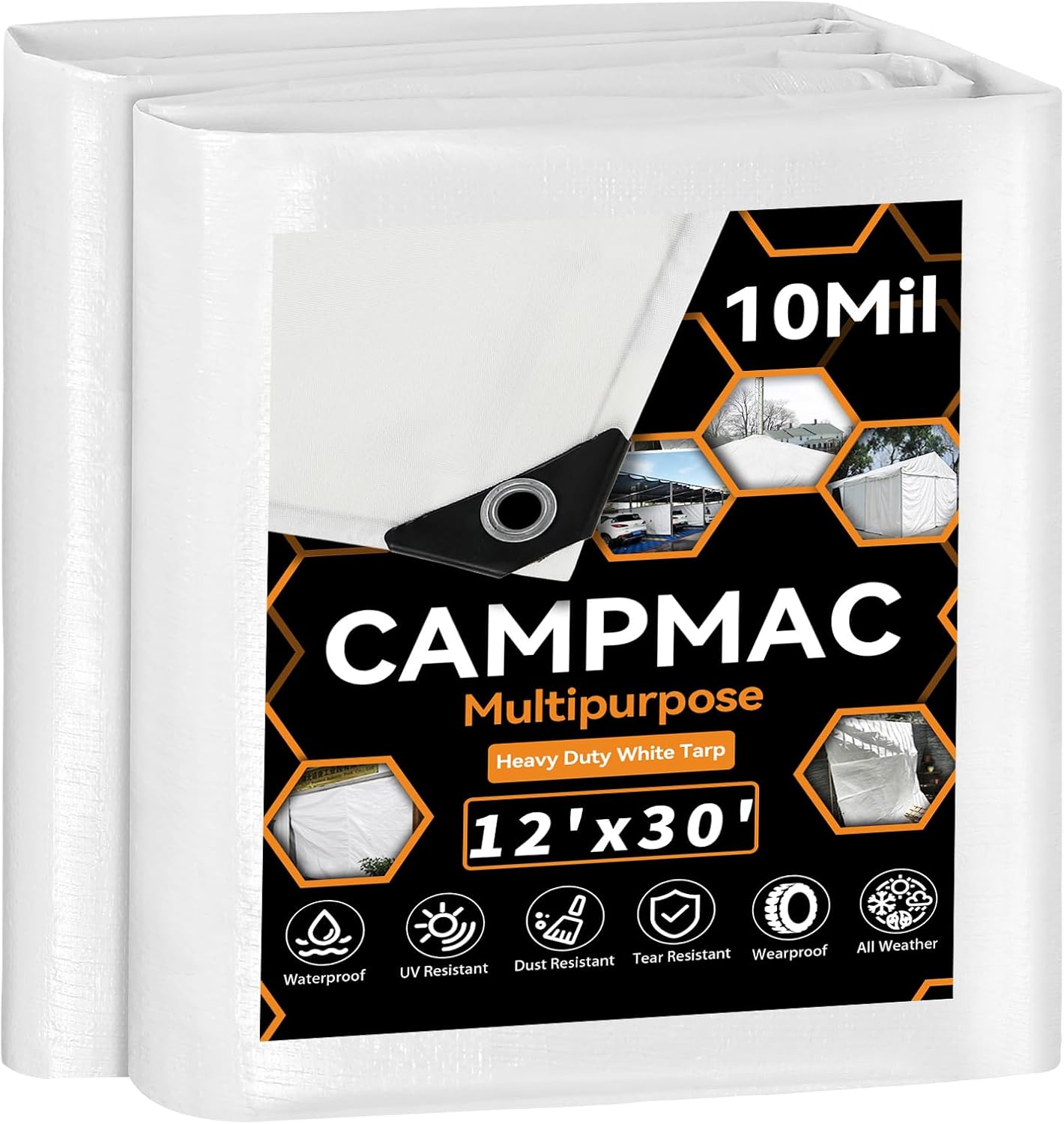White Heavy Dut Waterproof Tarp 12' x 30', 10 Mil Thick, High Durability, Rip and Tear Resistant with Metal Grommets Every 20 Inches