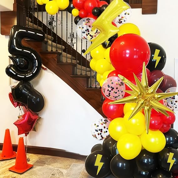Red Yellow Black Balloons, Cartoon Theme Birthday Balloons with Large Lightning and Star Foil Balloon, Red Black Yellow Confetti Lightning Printed Balloon for Kids Boys Birthday Anime Party Decor