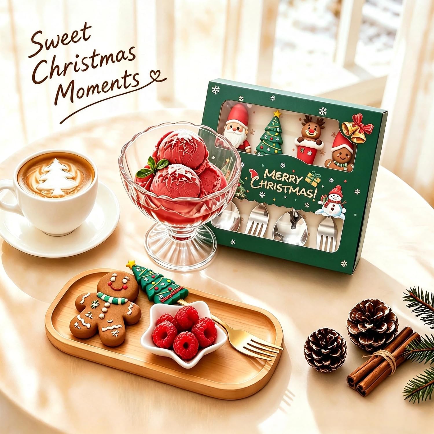 4 pcs Silver Stainless Steel Christmas Spoon and Fork Set,6.7 In Dinner Flatware with 4 Unique Cartoon Handles,Non-Slip Silicone Grip,Gift Box for Daily Use Holidays Parties(2 Spoons+Forks)