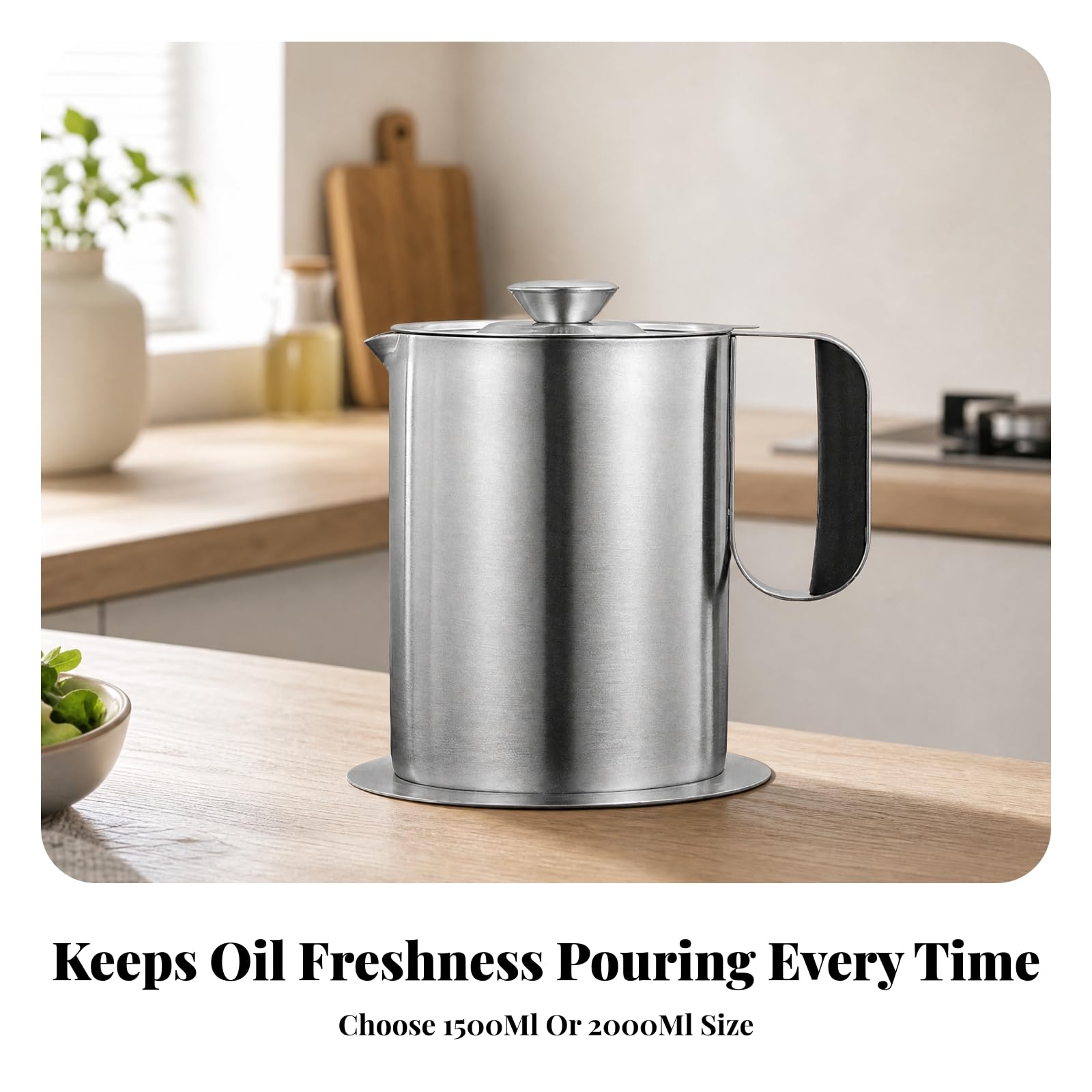Jarra ra Aceite Acero Inoxidable con y Tapa Adjunta para Filtrar y Conservar Aceite Reutilizable para Almacenamiento en Encimeras y Armarios Cocina, 2000ml, Separador Aceite C