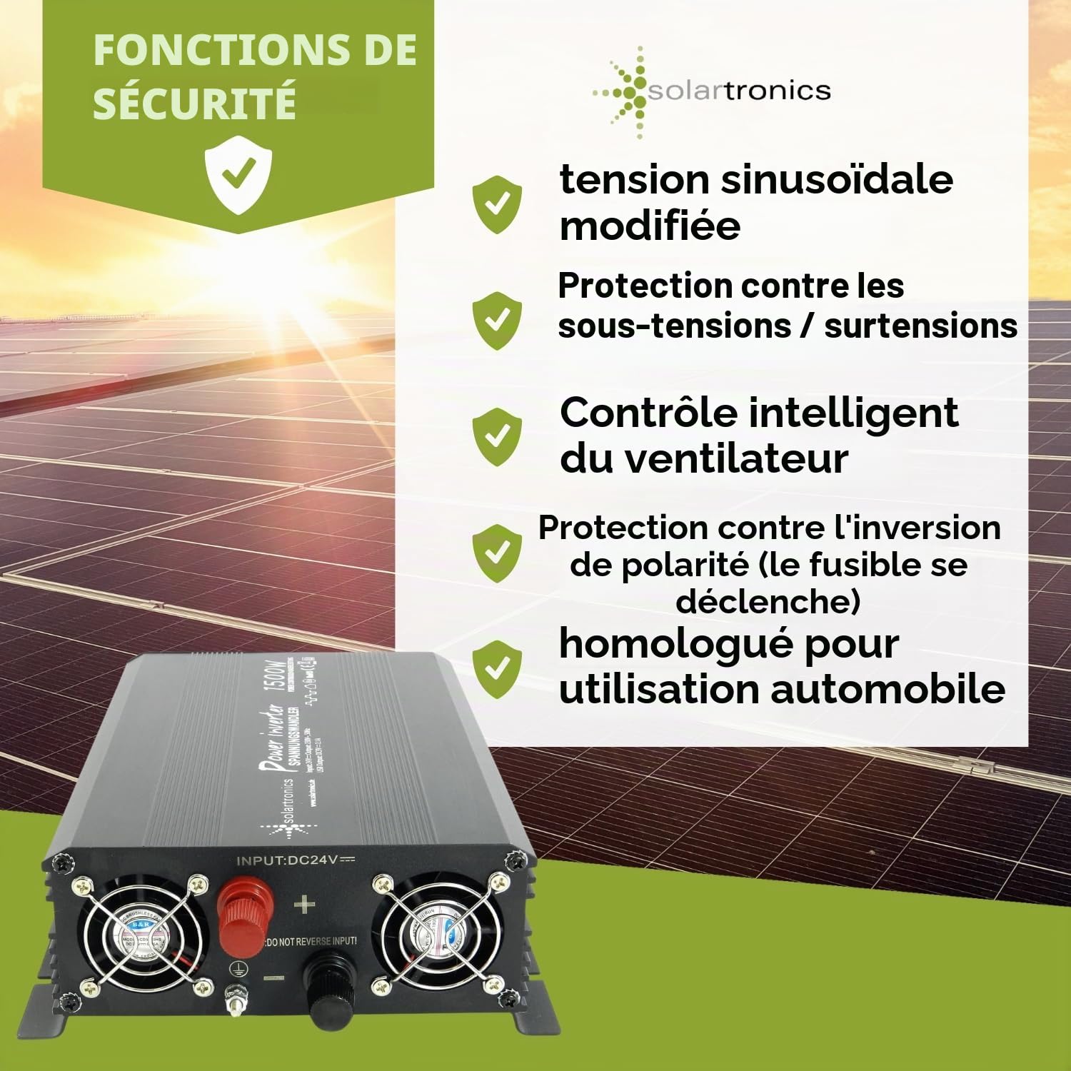 SOLARTRONICS NM 1500 Convertisseur de Tension 24V 230V Sinus modifié 1500W - 3000W Puissance de crête - Onduleur 24V à 230V convertisseur de Courant avec Prise Schuko & USB