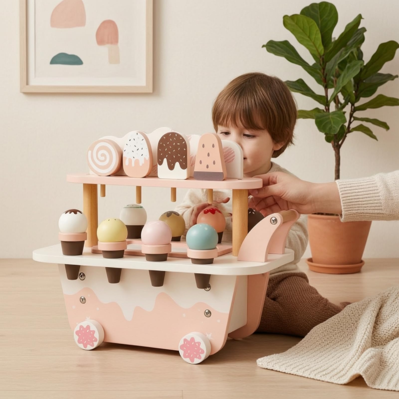 Kinder Rollenspiel Wagen Holz Dessertwagen Eisdiele Spielzeug Verkaufswagen Marktstand mit Spielgeld Und EIS Zubehör Kompakte Tischgröße Und Robuste für Vorschule Kinderzimmer