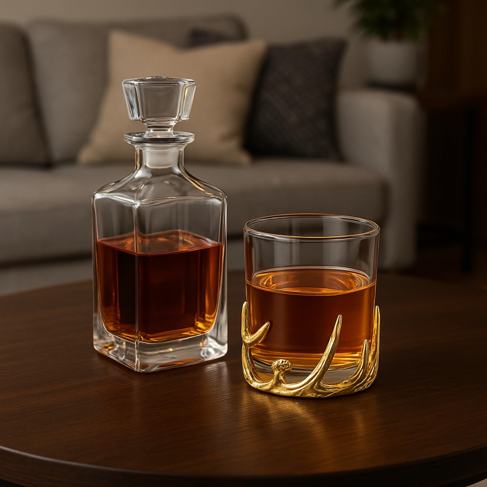 Verre à whisky double en bois doré à l'ancienne, 355,7 g, gobelet DOF avec base décorative, verrerie lourde pour bourbon, cocktails, bar rustique, décoration occidentale, cadeau unique pour lui ou