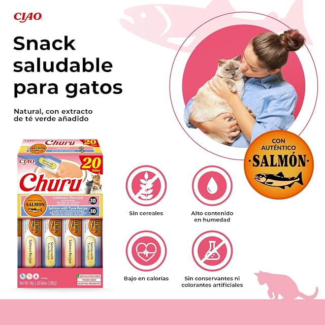 Foto 4 de 8 de INABA Churu Salmon Variety Pack, Golosinas para Gatos con Puré Suave para Dar a Mano, Recetas de Salmón y Atún