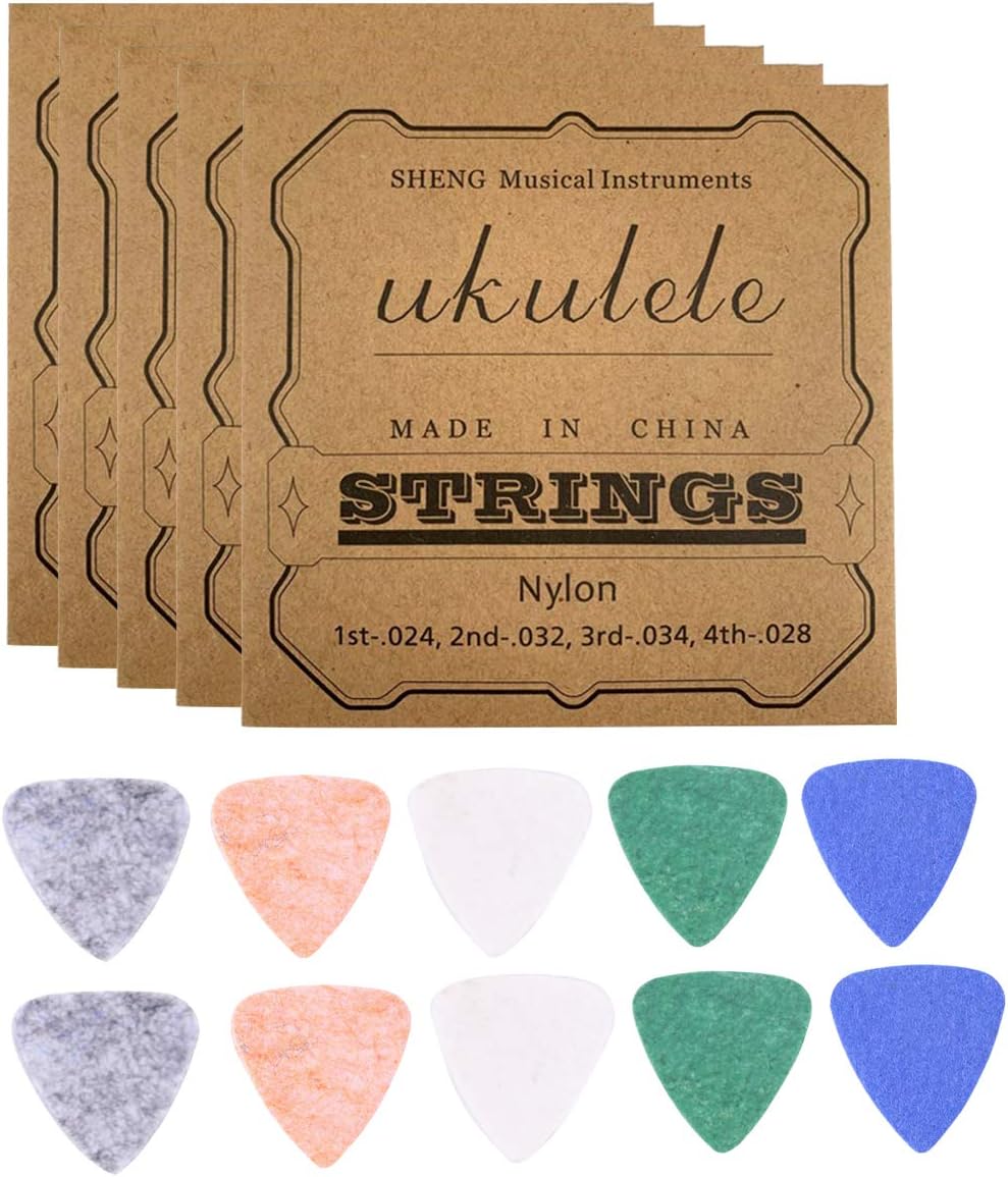 5 Sets of Nylon Ukulele Strings for Soprano (21 Inch)/ Concert (23 Inch)/ Tenor (26 Inch) Ukulele with 10 Felt Ukulele Picks