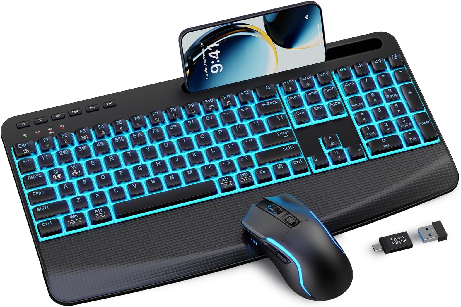 - Wireless Keyboard and Mouse Combo,SABLUTE KM25Pro Rechargeable Backlit Ergonomic Keyboard with 4000mAh Battery, Wrist Rest and Phone Holder, Quiet for PC/Mac/Laptop/Windows/Chrome OS