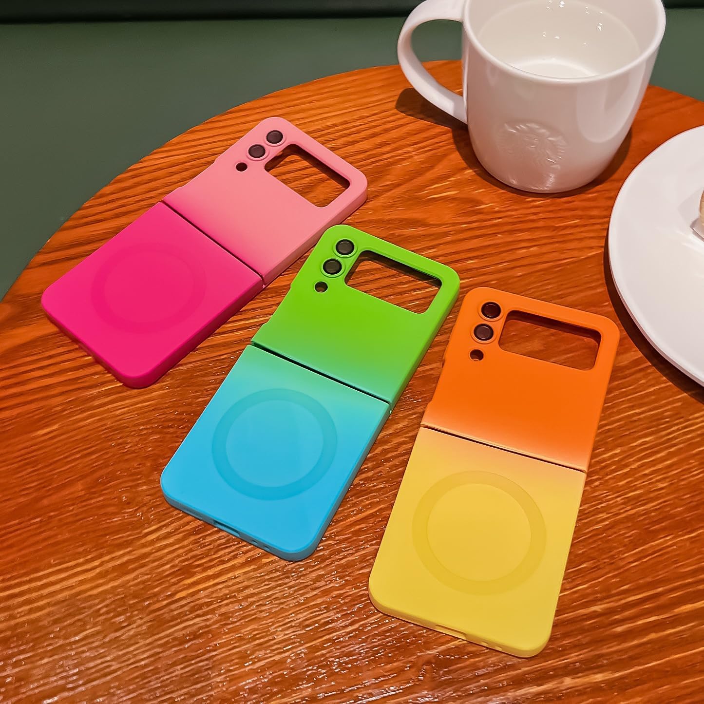 UEEBAI Magnetic Case for Samsung Galaxy Z Flip 3 5G, Gradient Neon Color Case Compatible with MagSafe Charger Cover Built-in Camera Lens Protector Pretty Phone Case for Women and Girl - Green Blue image 2