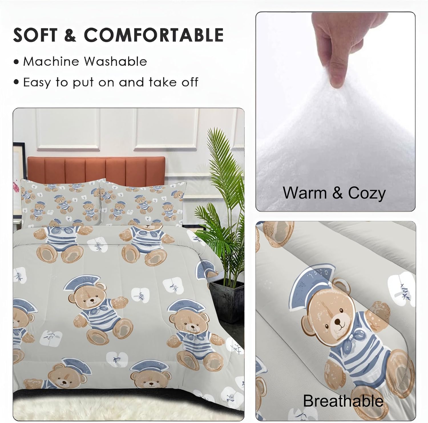 3D Cute Teddy Bear Comforter Set Queen Size Bedding Set Kindergarten Art All Season Down Comforter Printed Quilted with 2 Pillow Shams for Kids, Teens, Adults 90 x 90in Beige Gray