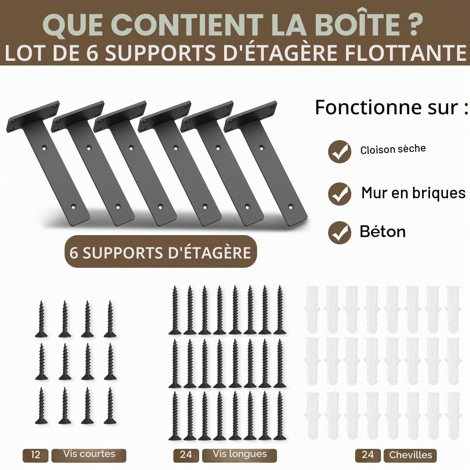Lot de 6 supports d'étagère robustes rustiques flottants pour étagères murales, supports d'étagère industriels noirs (15,2 cm - 6 pièces)