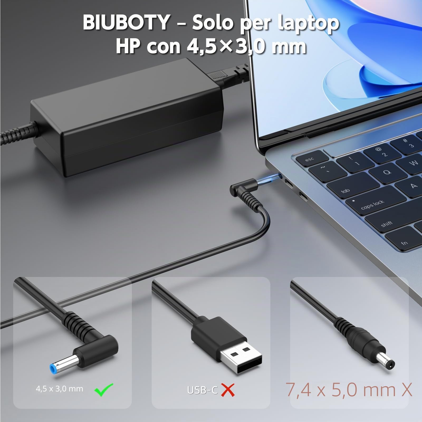BIUBOTY 45W Caricatore PC Portatile 19.5V 2.31A Alimentatore Compatibile con HP Probook 430 440 450 455 Elitebook 840 850 250 255 G3 G4 G5 G6 G7 Pavilion X360 4.5*3.0mm