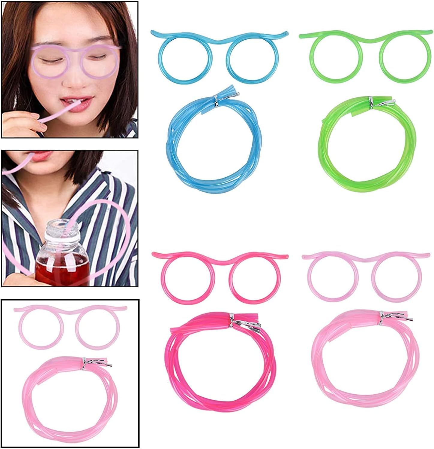 Plastic rietjes, nieuwe bril rietjes, plastic rietjes, feestgadgets, 12 stuks rietjesbril, herbruikbare rietjesbril, 8 kleuren, flexibele meerkleurige rietjes